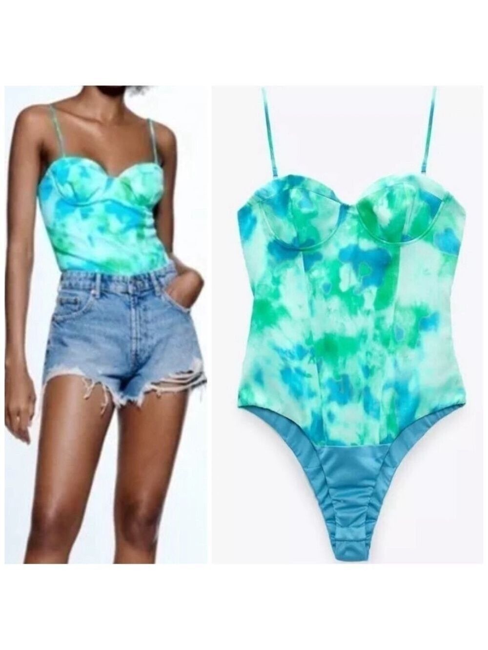 Zara Satin Tie Dye Bustier Style Underwire Cup Bodysuit